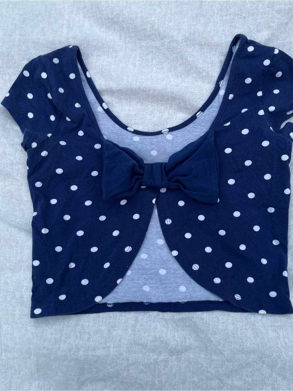 Navy and White Polka Dot Cropped Top with Cute Bow Detail